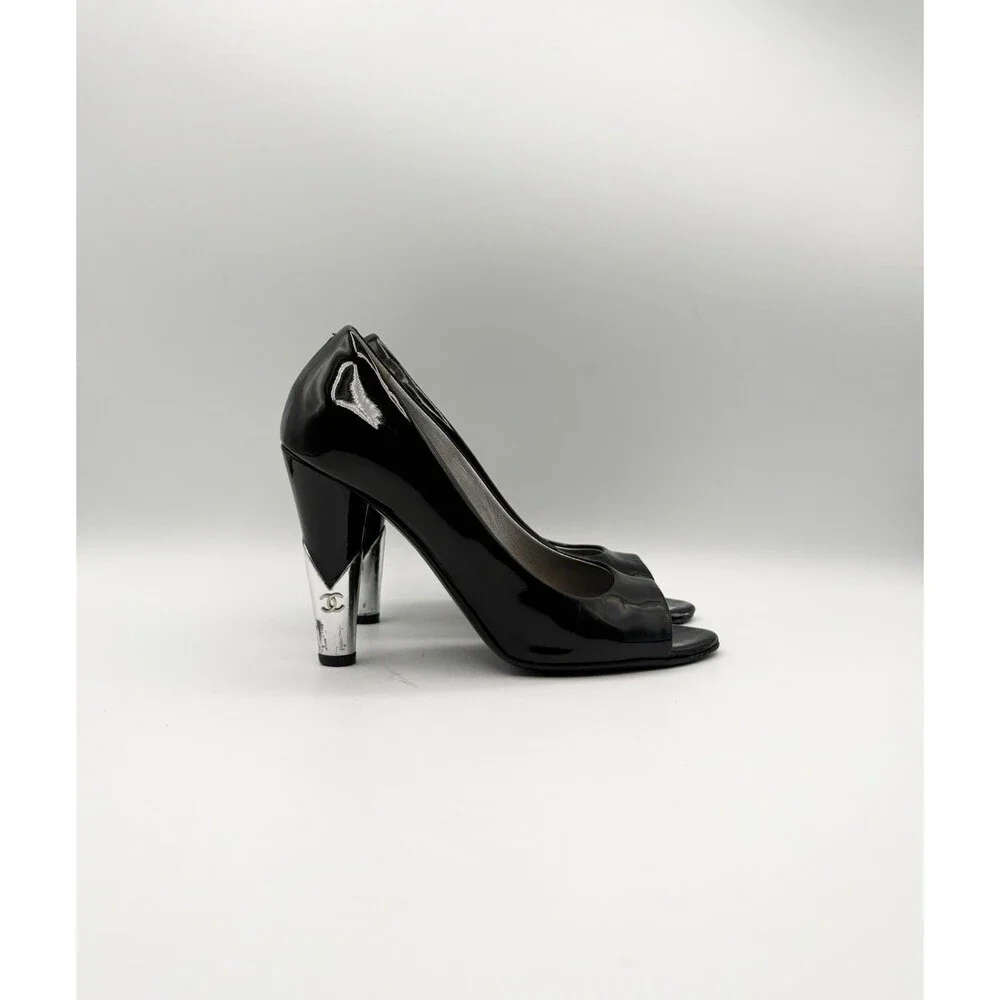 Chanel Black Patent Leather Peep Toe Pumps  Silver CC Logo Heel Size EU 36